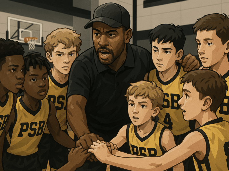 Youth basketball team huddling during game, showing unity and teamwork